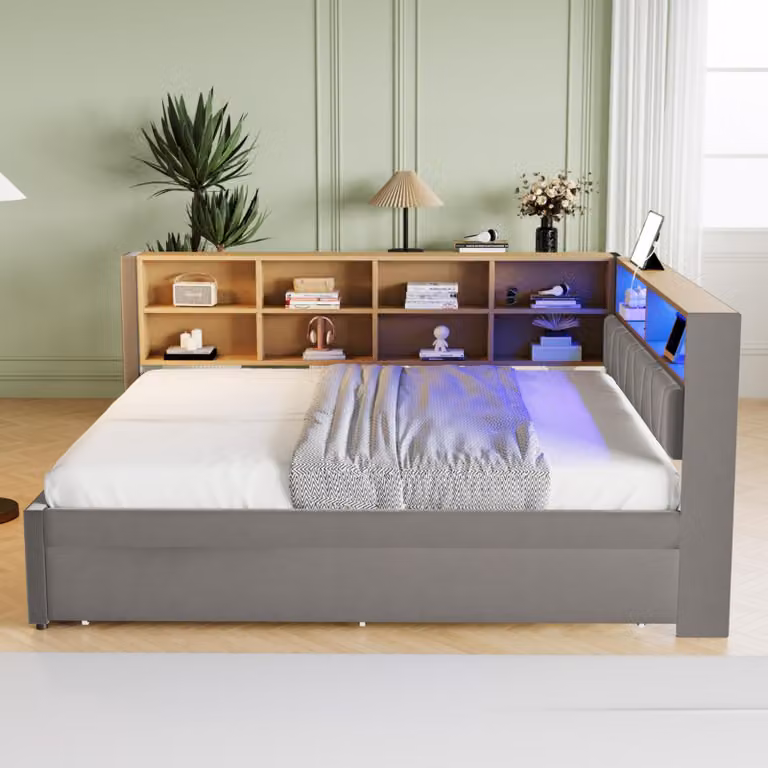 MODFU Divano letto 140×200 cm, Divano letto multifunzionale, Letto singolo, Con luci LED, Cassetti e numerosi vani portaoggetti, Senza materasso, Grigio scuro