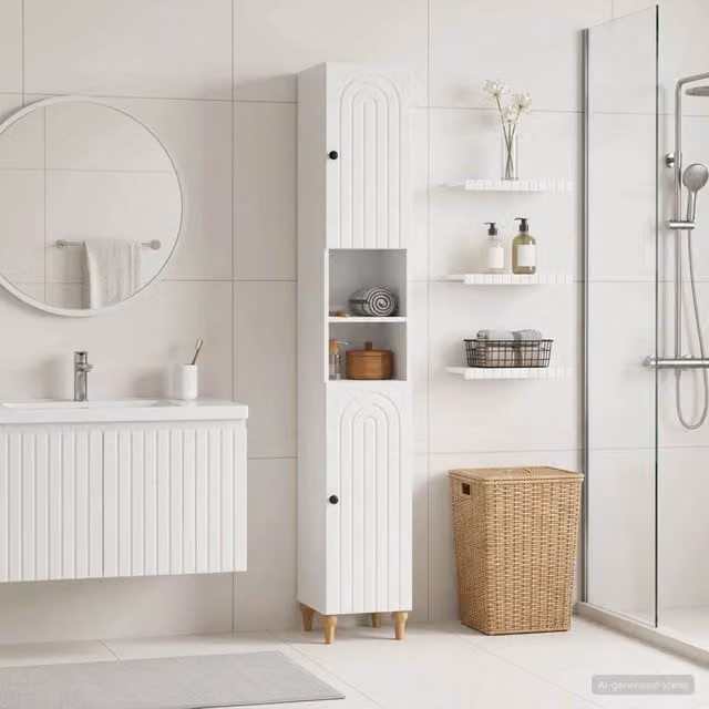 Armadio da bagno moderno vidaXL con ripiano aperto e ante a battente, Bianco lucido, L/P/H: 89 x 31 x 190 cm
