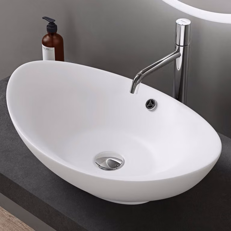 doporro Lavabo Ovale da Appoggio in Vetroceramica Bianco Opaco 59 cm, Lavandino Bagno con Troppopieno Brüssel818