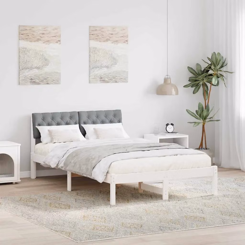 Struttura del letto moderna vidaXL in legno di pino e tessuto, bianco e grigio, L/P/H: 120 x 200 cm