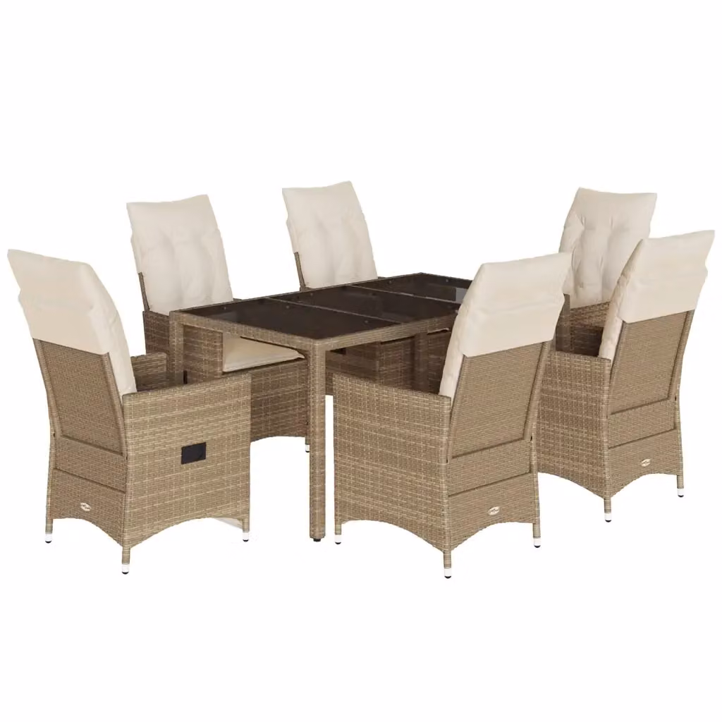 Set da pranzo da giardino vidaXL in polyrattan con cuscini beige e piano in vetro, 7 pezzi – 2