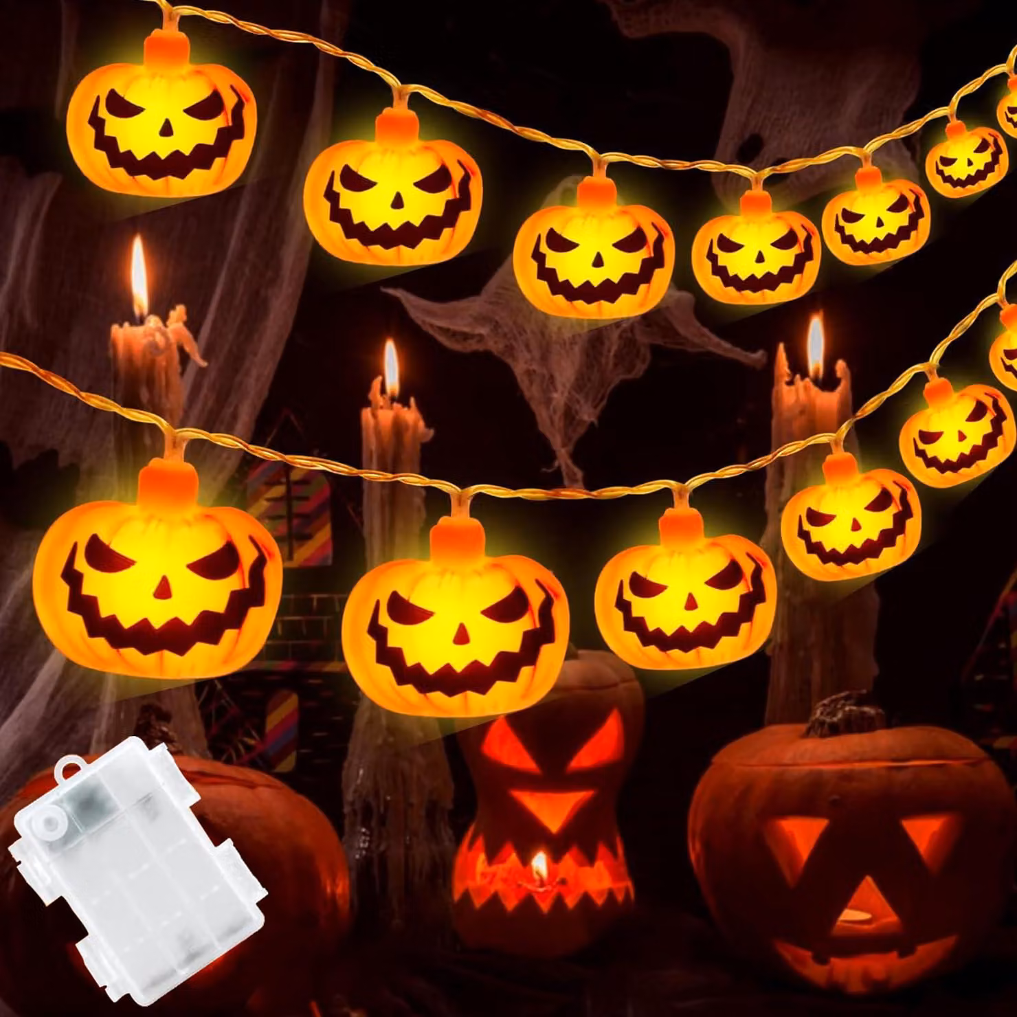 Catena luminosa a tema Halloween, lunghezza 3 metri, 20 LED, design a zucca, alimentazione a batteria, con timer