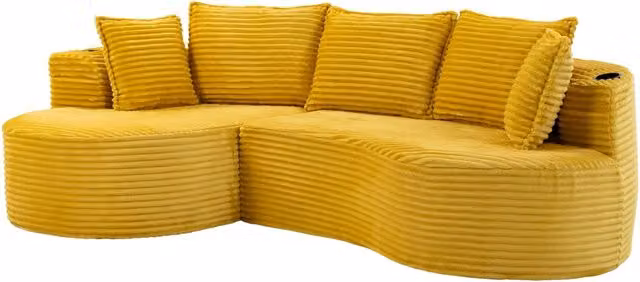 Divano Curvo in Velluto a Costine con Portabevande e Tasca Laterale – Schiuma ad Alta Densità, 250x152x82 cm, Colore Soft Beige