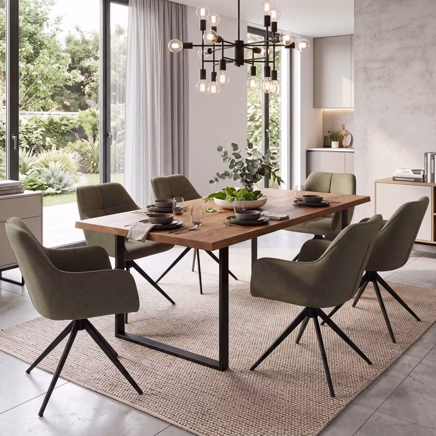 Set di 6 sedie da pranzo modello HWC-O47, sedia da cucina con braccioli, girevole con sistema di ritorno automatico, rivestita in tessuto (270g/m²), colore verde