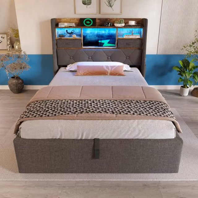 Letto singolo 90x200 con contenitore idraulico; testiera LED e tessuto effetto lino grigio