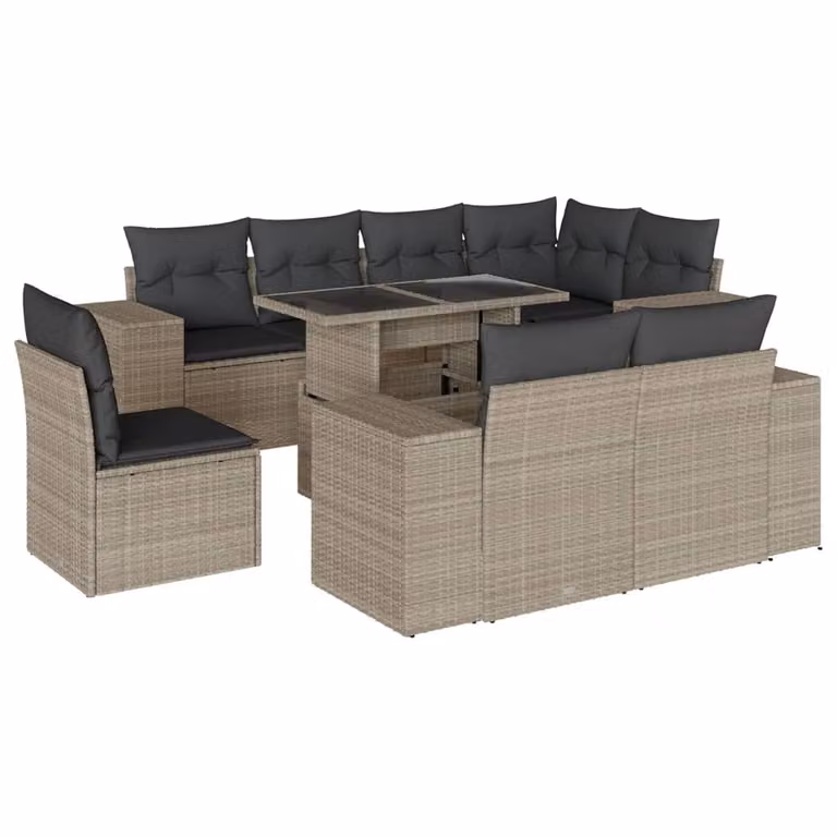 Set Divano da Giardino 9pz con Cuscini Grigio Chiaro Polyrattan