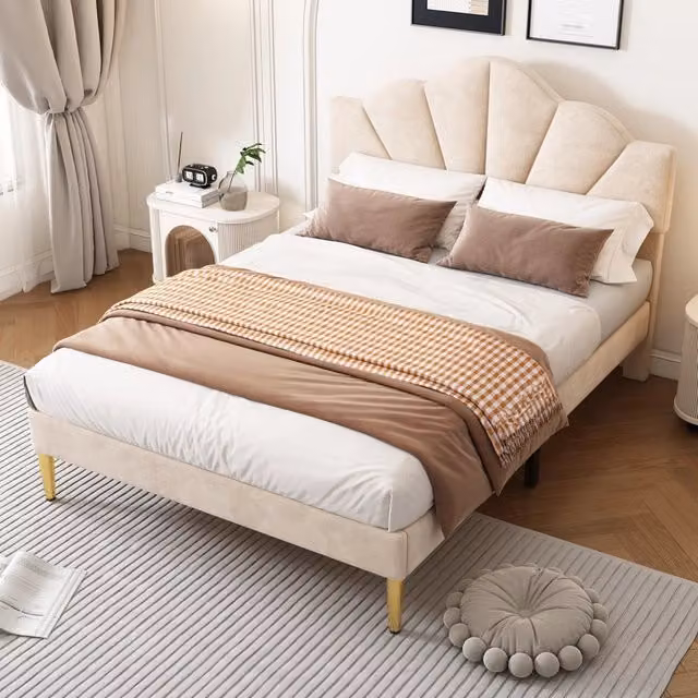 Letto matrimoniale imbottito 140 × 200 cm, testiera regolabile e spazio sottostante, senza materasso, beige