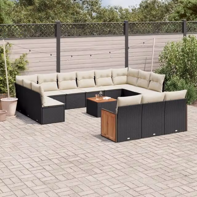 Set di Divani da Giardino a Forma di U vidaXL in Polyrattan Nero con Cuscini e Tavolino da Caffè