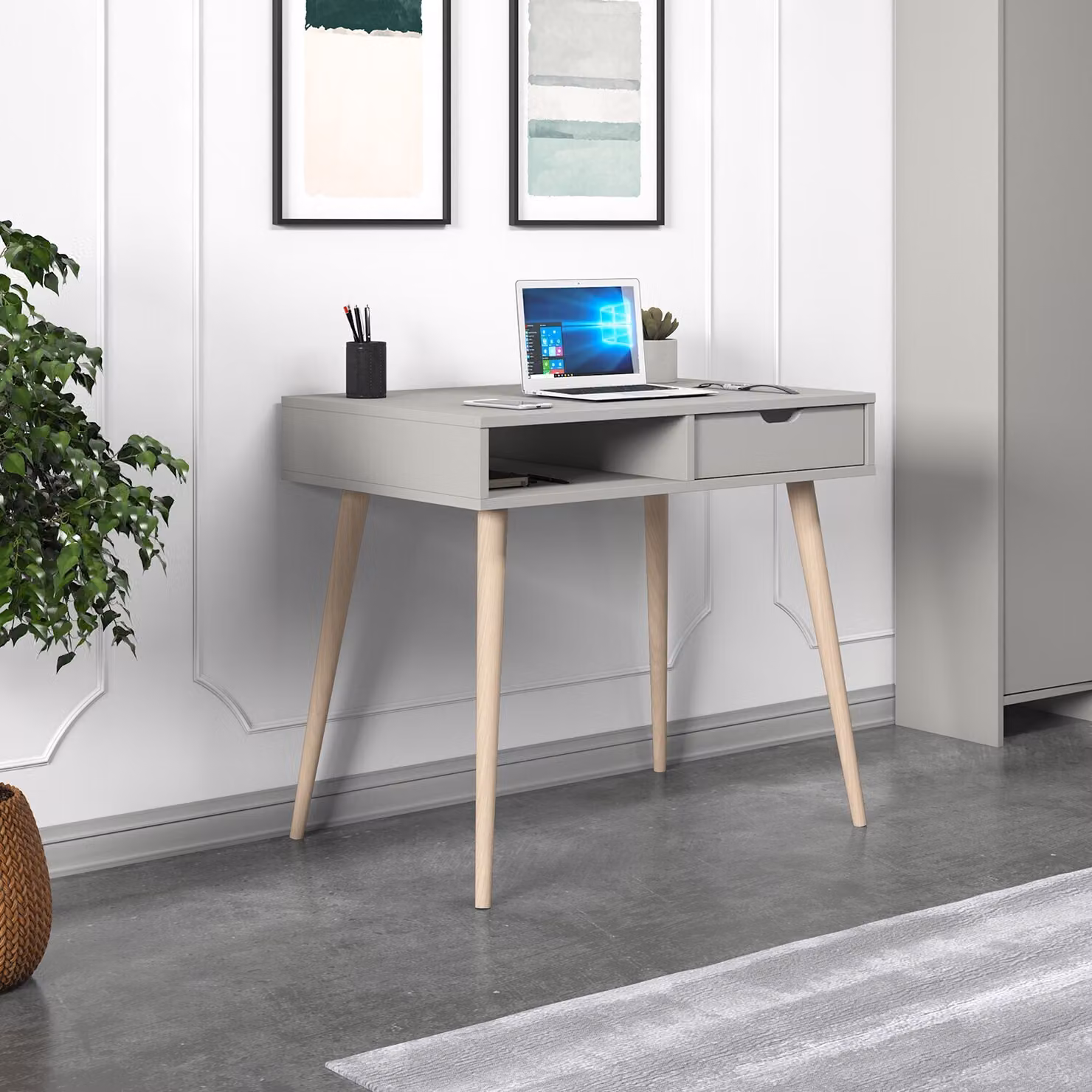 Skye Decor, Scrivania di alta qualità, 90 x 80 x 60 cm, realizzata in pannello di particelle rivestito al 100% in melamina, spessore 18 mm, con numerosi ripiani, possibilità di montaggio a parete, colore grigio e legno, design scandinavo.