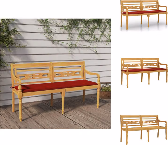 vidaXL Panca Batavia con cuscino rosso 150 cm in teak massiccio - Panche da giardino