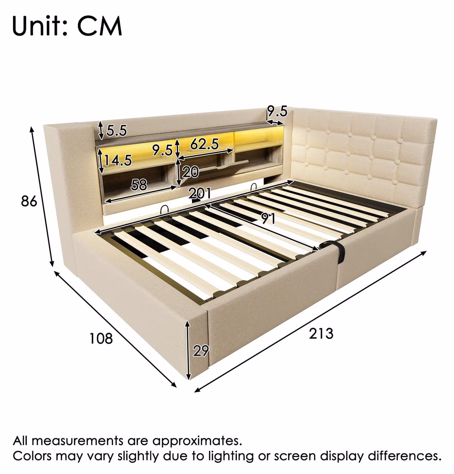 Letto imbottito singolo 90x200, con illuminazione LED, spazio contenitore idraulico, testiera a forma di "L" con spazio contenitore, reversibile, rete a listelli, biancheria da letto (o senza biancheria da letto).