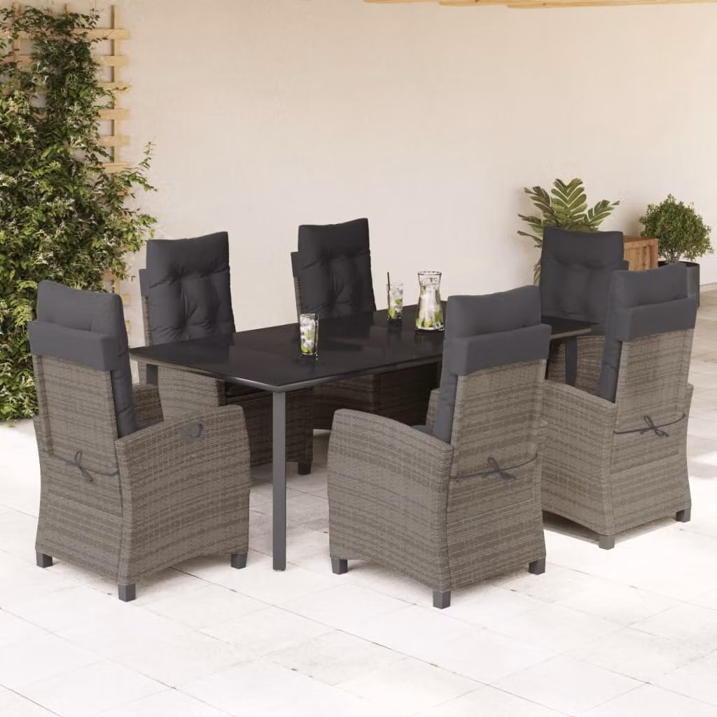Set da Pranzo da Giardino vidaXL 7 pz in Polyrattan e Vetro Grigio e Nero