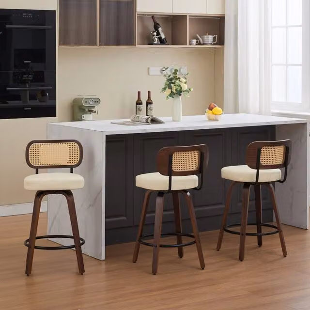 Set 3 Sgabelli da Bar ¨C MINIMAL ¨C Rattan, Seduta Imbottita, Girevoli, Noce/Beige, 26''