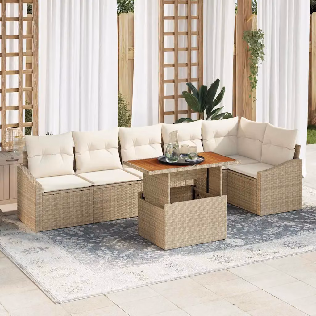 Set Divano da Giardino vidaXL 7 Pezzi a Forma di L con Tavolino, Colore Beige e Marrone, Struttura in Metallo e Polyrattan con Cuscini Inclusi – 1