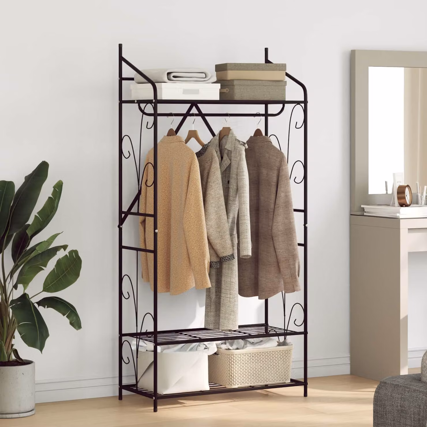 Armadio Aperto Moderno vidaXL in Metallo Nero con Ripiani e Appendiabiti L: 78 cm, P: 36 cm, H: 158 cm