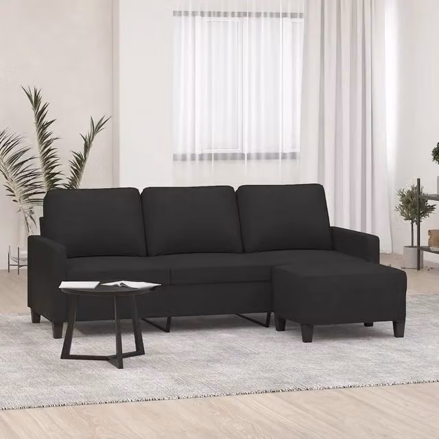 Divano a 3 posti moderno vidaXL con poggiapiedi coordinato in tessuto nero L: 198 cm, P: 80 cm, H: 77 cm – 1