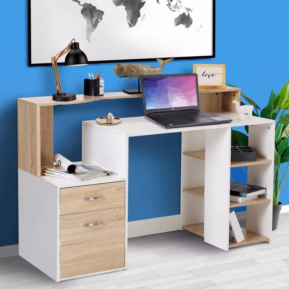 Scrivania Bakaji Moderna con Cassettiera e Libreria in MDF Laminato Colore Rovere e Bianco L: 140 cm – 2