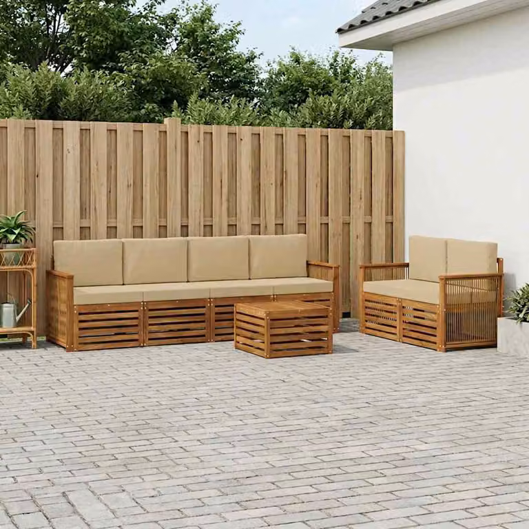 Set di divani da esterno vidaXL 7 pz in legno di acacia con cuscini, colore beige e sabbia