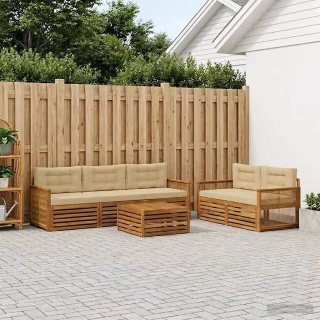 Set di mobili da giardino vidaXL composto da divano a L, poltrone e tavolino da caffè in legno di acacia con cuscini beige