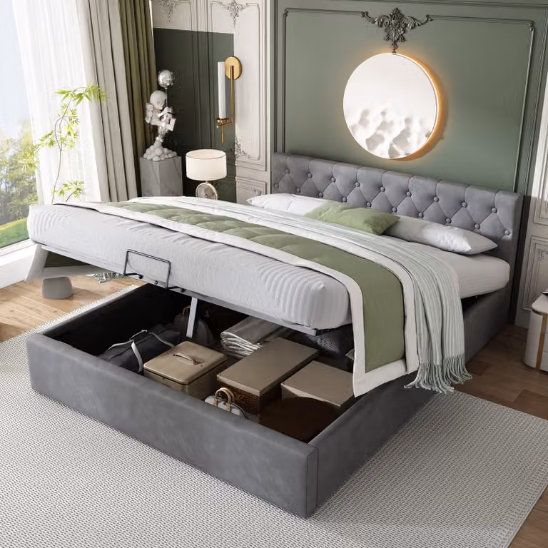 MODFU Letto idraulico a cassettoni 140x200 cm con contenitore, letto imbottito con rete a doghe e vano contenitore, letto matrimoniale in velluto, grigio (senza materasso)