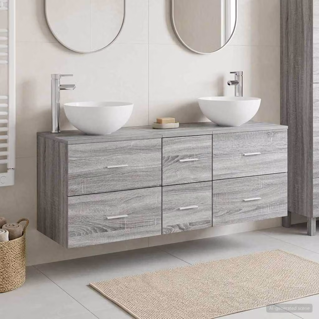 Set di 3 mobili da bagno moderni vidaXL in legno grigio, L/P/H: 129 x 35 x 80 cm