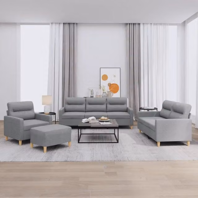 vidaXL Set di Divani Moderno 4 Pezzi in Tessuto Grigio con Cuscini, Divano a 3 Posti, Divano a 2 Posti e Pouf