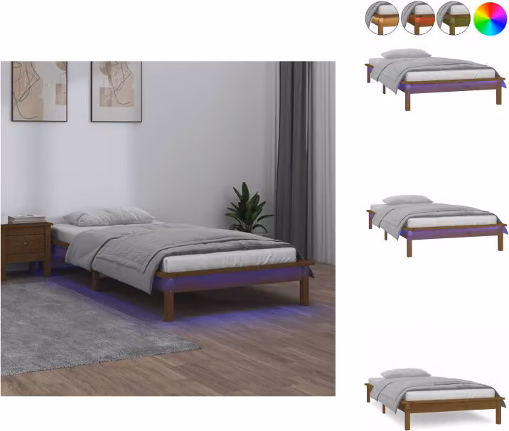 vidaXL Letto in legno massiccio con illuminazione LED marrone miele 90x200 cm - Letti e strutture letto