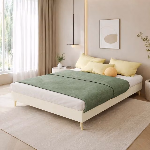 Letto matrimoniale 140x200 cm beige in tessuto, testiera imbottita a forma di cartoon, senza materasso