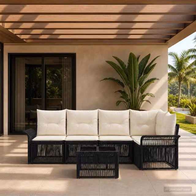 Set da giardino vidaXL a 6 pezzi in rattan nero con divano angolare, sedute e tavolino da caffè – 1