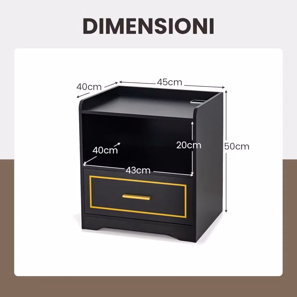 Comodino intelligente Costway con illuminazione LED, 2 porte USB, ripiano aperto e cassetto, Nero, L 45 x P 40 x H 50 cm – 2