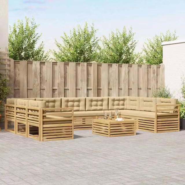 Set di divani da esterno a L con tavolino da caffè vidaXL, in legno di acacia e tessuto bianco e beige, composto da 10 pezzi con cuscini inclusi – 1