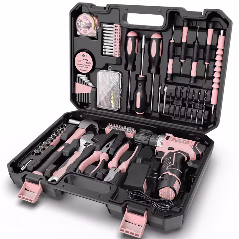Kit di attrezzi da 206 pezzi - Trapano avvitatore a batteria da 12 V - Set completo - Rosa