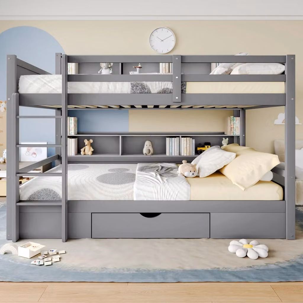 Letto a castello REDOM per bambini in legno e MDF grigio con cassetti e struttura a casetta L/P/H: 90 x 200 cm – 2