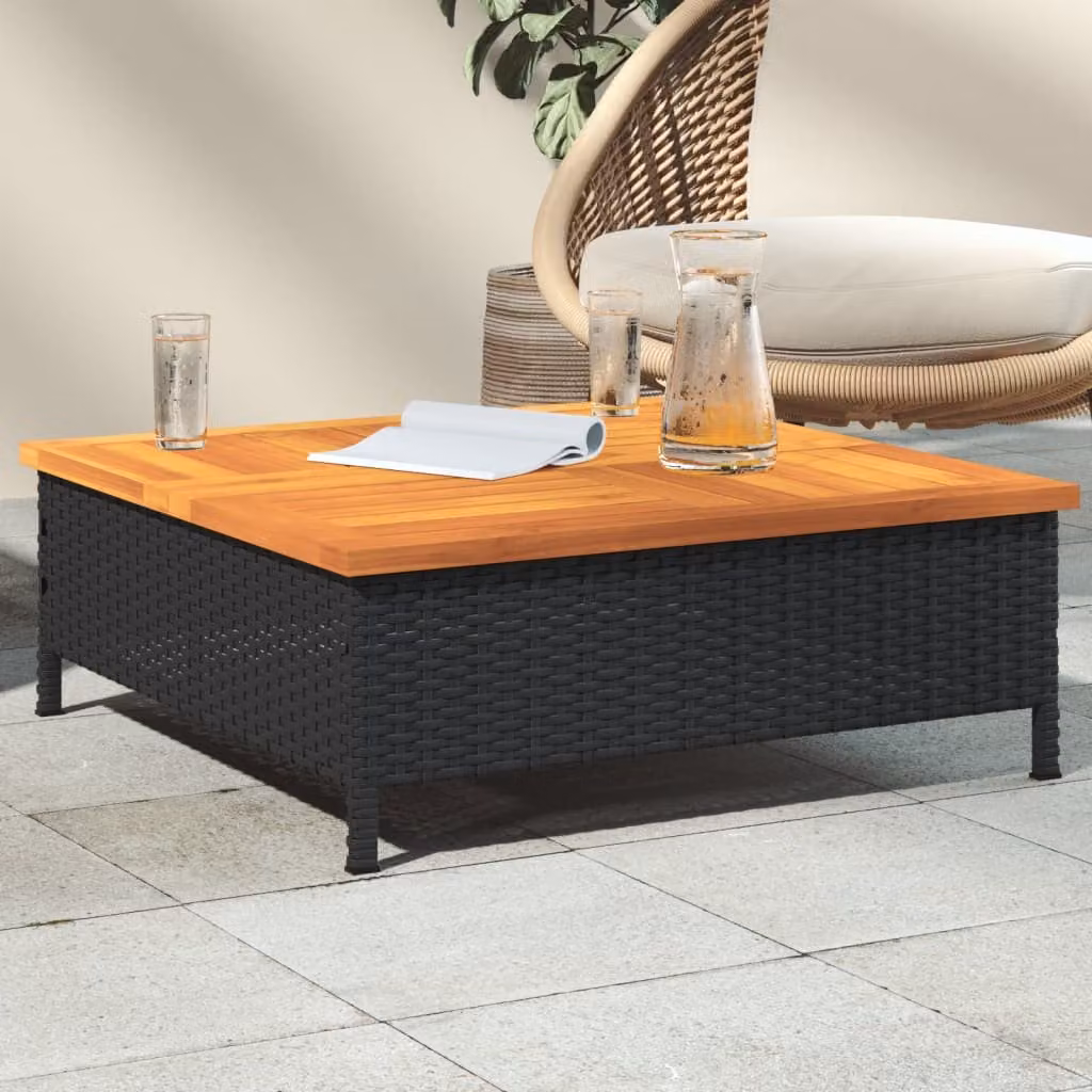 vidaXL Tavolo da Giardino Quadrato in Polyrattan e Legno di Acacia Olio, Nero e Marrone, L: 70 cm, P: 70 cm, H: 25 cm
