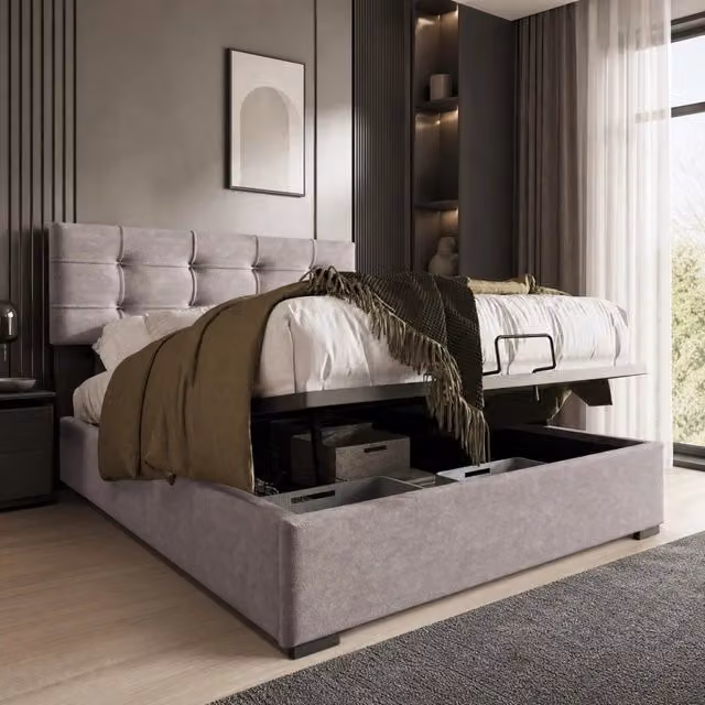 Letto singolo imbottito 90x200 cm con testiera regolabile e contenitore; velluto grigio chiaro