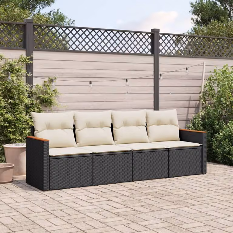 Set di Divani da Giardino vidaXL 4 Pezzi con Cuscini, Struttura in Metallo e Polyrattan, Nero