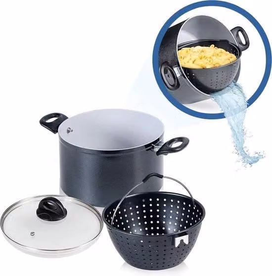 Set di pentole in ceramica Cerafit per pasta con coperchio in vetro e manico rimovibile, colore grigio, Diametro: 24 cm