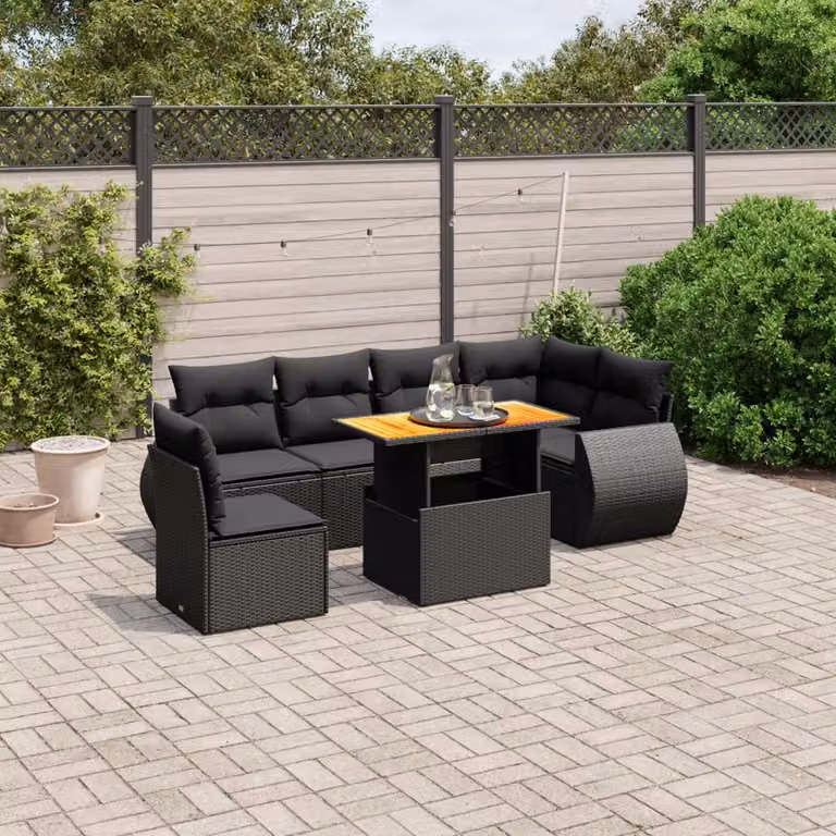 Set di divani da giardino vidaXL a forma di L in polyrattan nero con 7 pezzi e cuscini inclusi