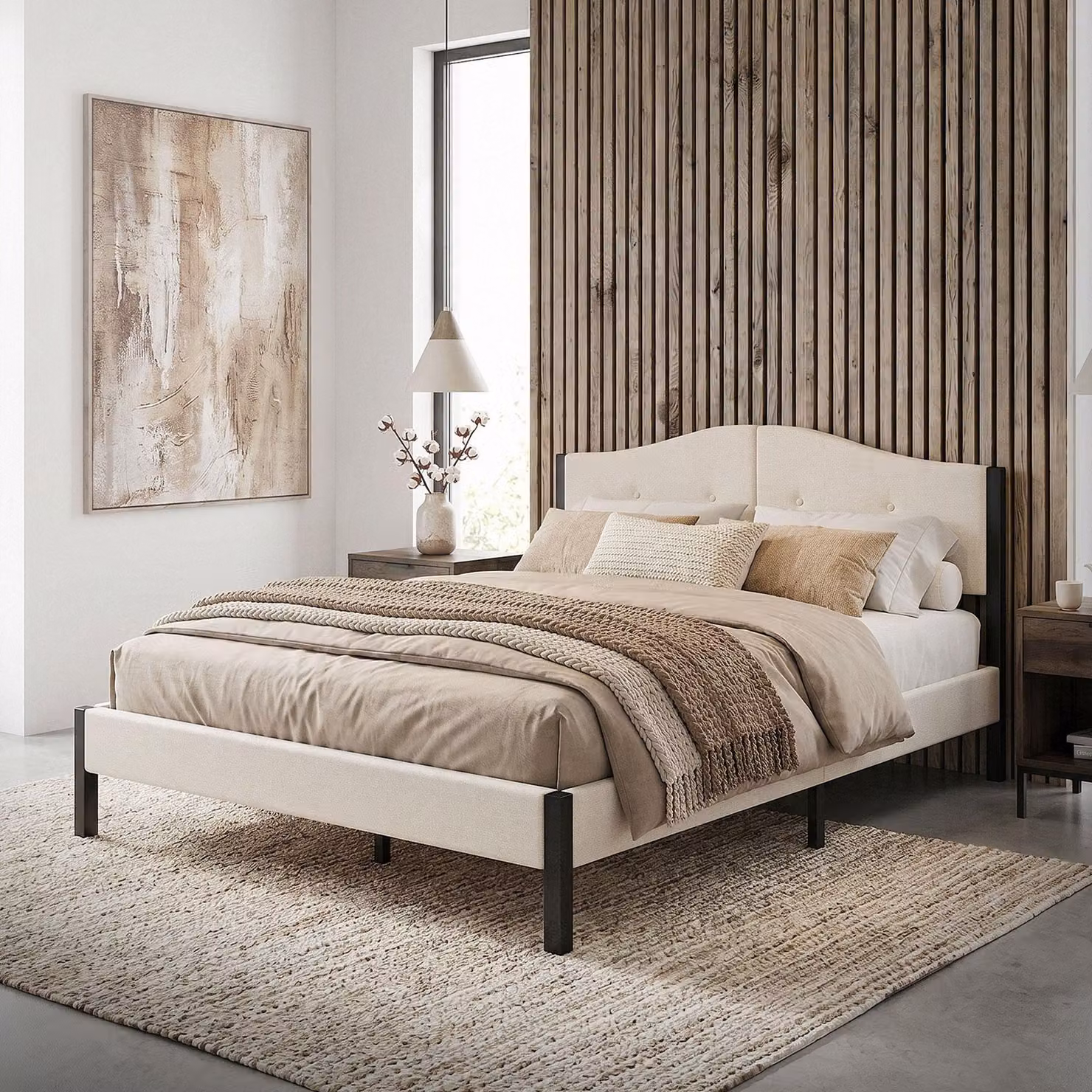 Letto imbottito ML-Design 140x200 cm, beige, letto matrimoniale con solida struttura, testiera, rete a doghe e rivestimento in lino. Letto moderno per ragazzi.