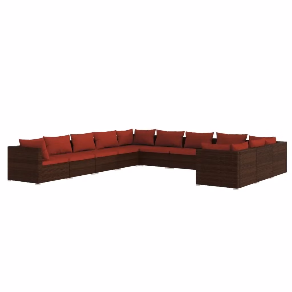 Set di divani da giardino a forma di U vidaXL composto da 11 pezzi con cuscini in polyrattan marrone e rosso e struttura in metallo – 2