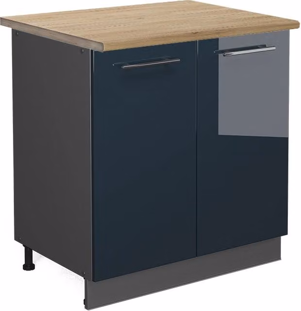Mobiletto base cucina Fame-Line Blu scuro lucido/Antracite 80 cm piano di lavoro Rovere dorato Vicco