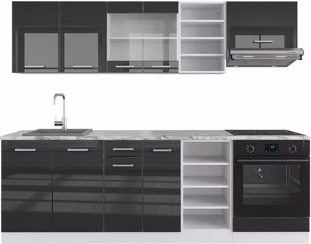 Cucina componibile moderna Vicco R-Line in antracite lucido e bianco con piano effetto marmo, L: 240 cm – 1