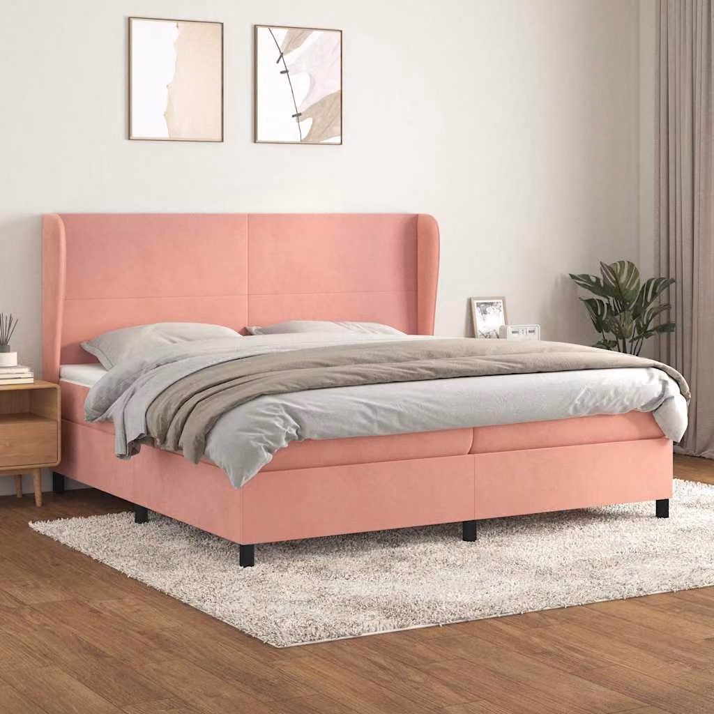 vidaXL Giroletto a Molle Ibrido con Materasso in Velluto Rosa e Bianco, L/P/H: 200 x 200 x 203 cm – 1