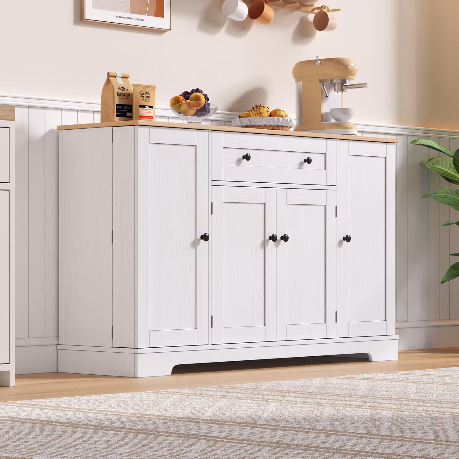 okwish Mobile da cucina, cassettiera, mobile buffet con cassetto, anta e ripiani regolabili, protezione antiribaltamento, naturale + bianco