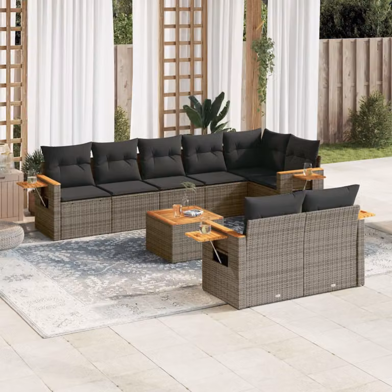 vidaXL Set Divano da Giardino 9 pz in Polyrattan Grigio con Cuscini e Tavolino da Caffè
