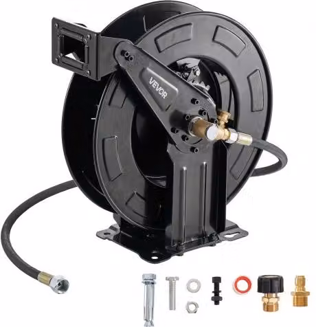 VEVOR Avvolgitubo per Idropulitrice in Acciaio Nero con Riavvolgimento Automatico, Montaggio a Parete o Pavimento, 15,2 m x 9,5 mm
