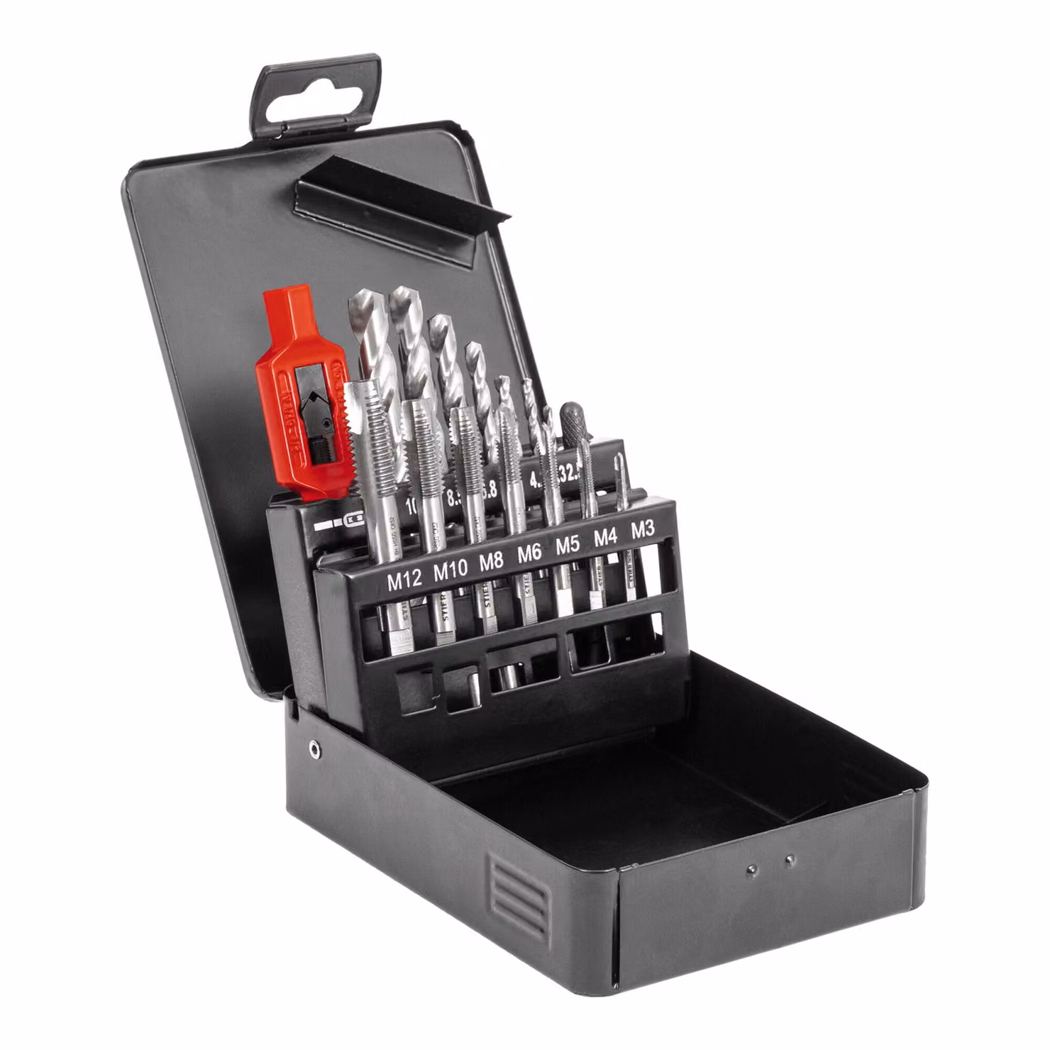 Set di utensili per filettare STIER, 15 pezzi, M3-M12 forma B HSS-G, con utensile di supporto in zama di alta qualità 5