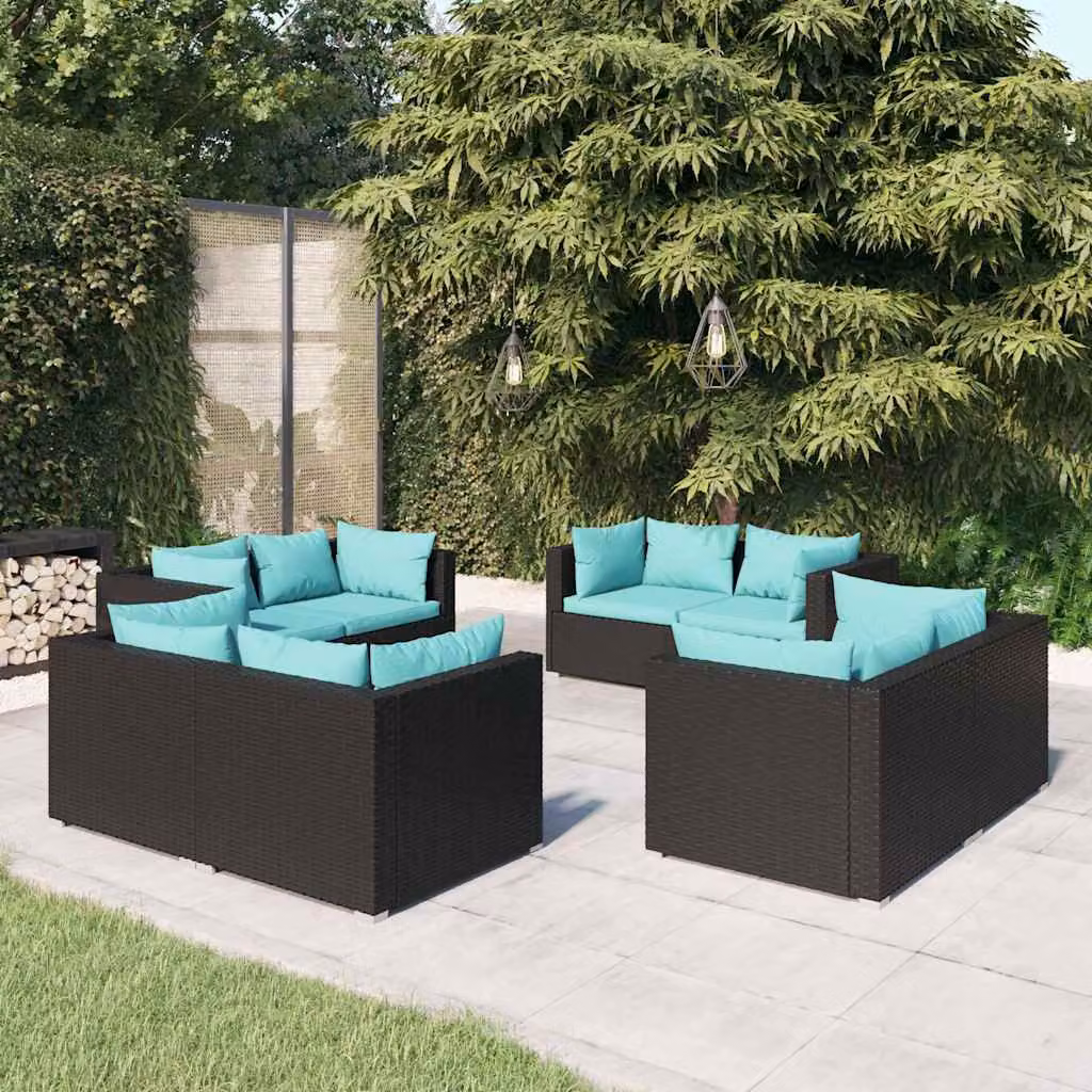 vidaXL Set Salotto da Giardino a L in Polyrattan con Cuscini Blu e Nero e Struttura in Acciaio Verniciato a Polvere per 8 Persone