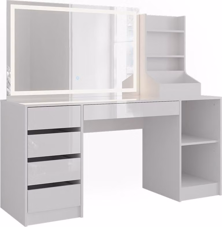 Tavolo da toeletta Vicco Sherry Bianco/Bianco lucido 158.2 cm con specchio a LED, Model 57658