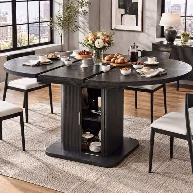 Tavolo da pranzo ovale allungabile con spazio contenitivo, 110–149,8 cm, ante scorrevoli e ripiano estraibile, disponibile in noce o nero
